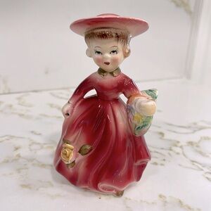 VINTAGE 1940-50’s WALES PORCELAIN MADE IN JAPAN BURGUNDY FLOWER GIRL WITH HAT